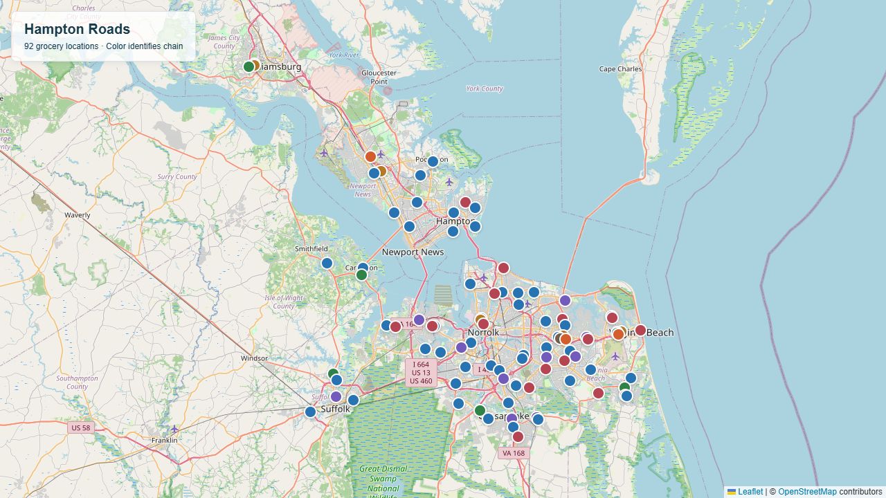 Map of Hampton Roads with grocery locations colored by chain across the Southside and Peninsula